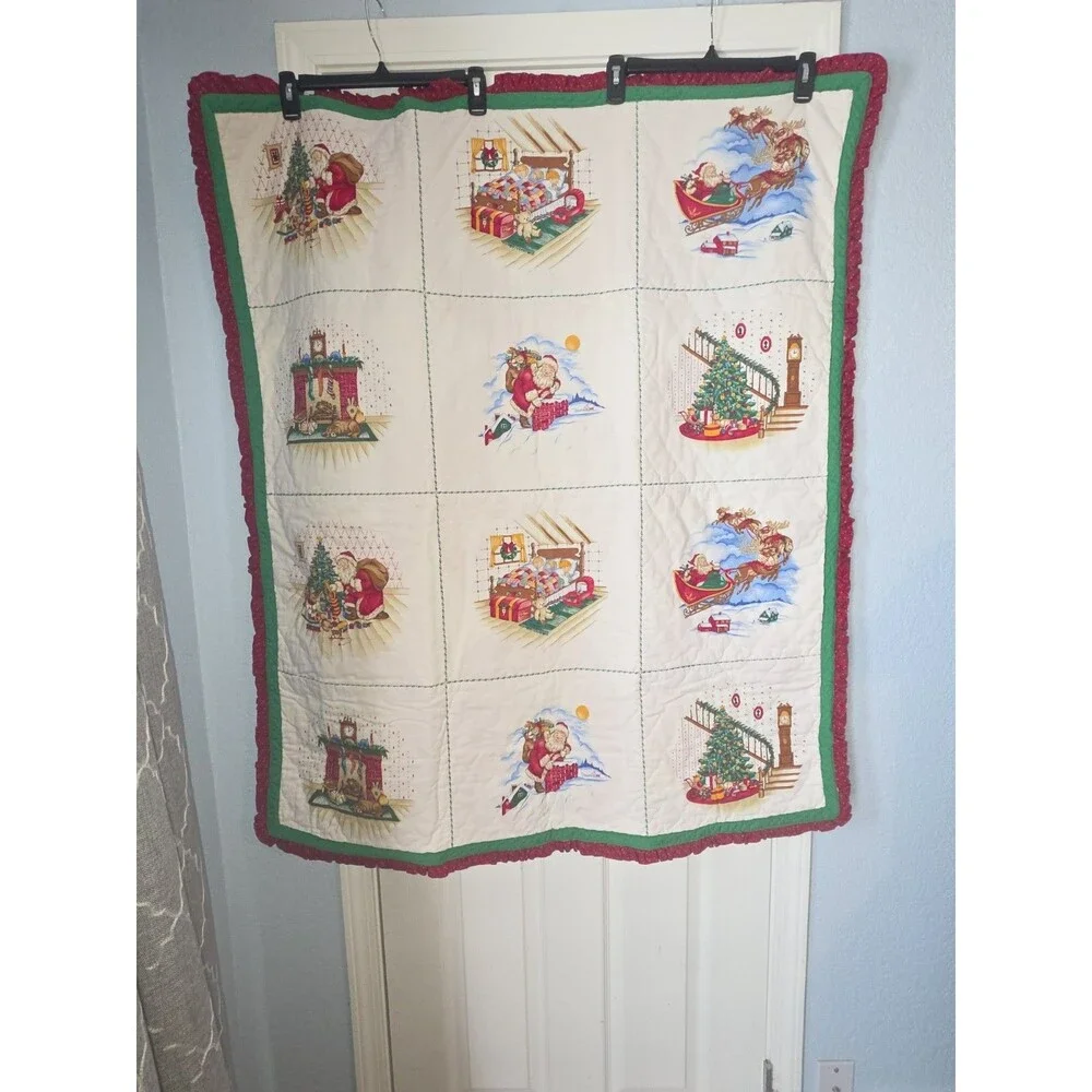 Vintage Christmas Quilt Baby Crib Blanket Santa Reindeer Night Before Christmas